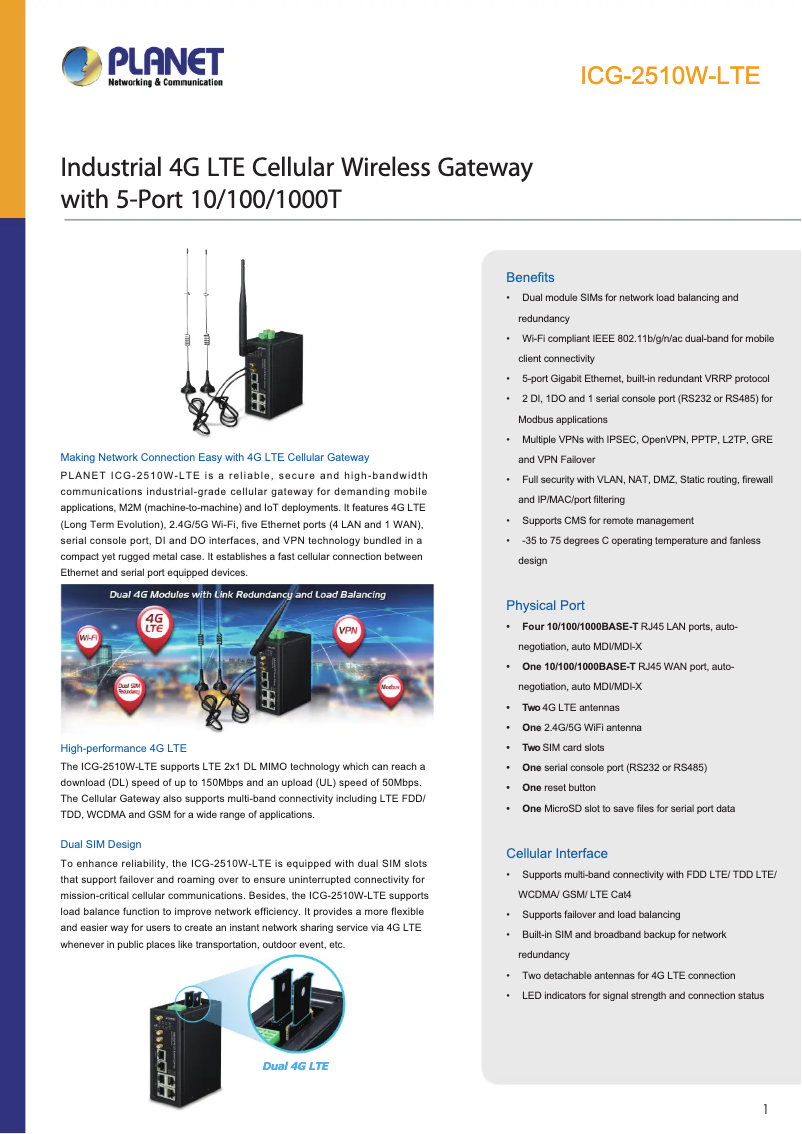 Page 1 de la notice Fiche technique Planet ICG-2510W-LTE