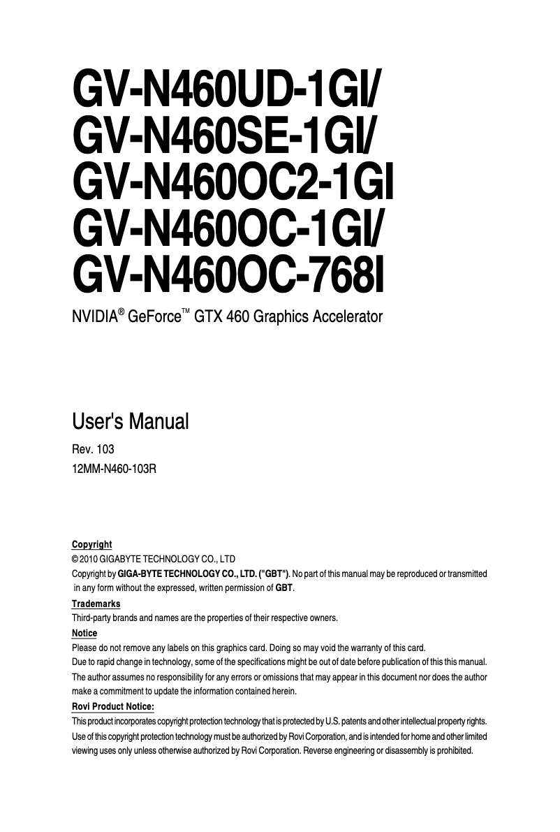 Imagen de la primera página del manual del dispositivo GV-N460SE-1GI