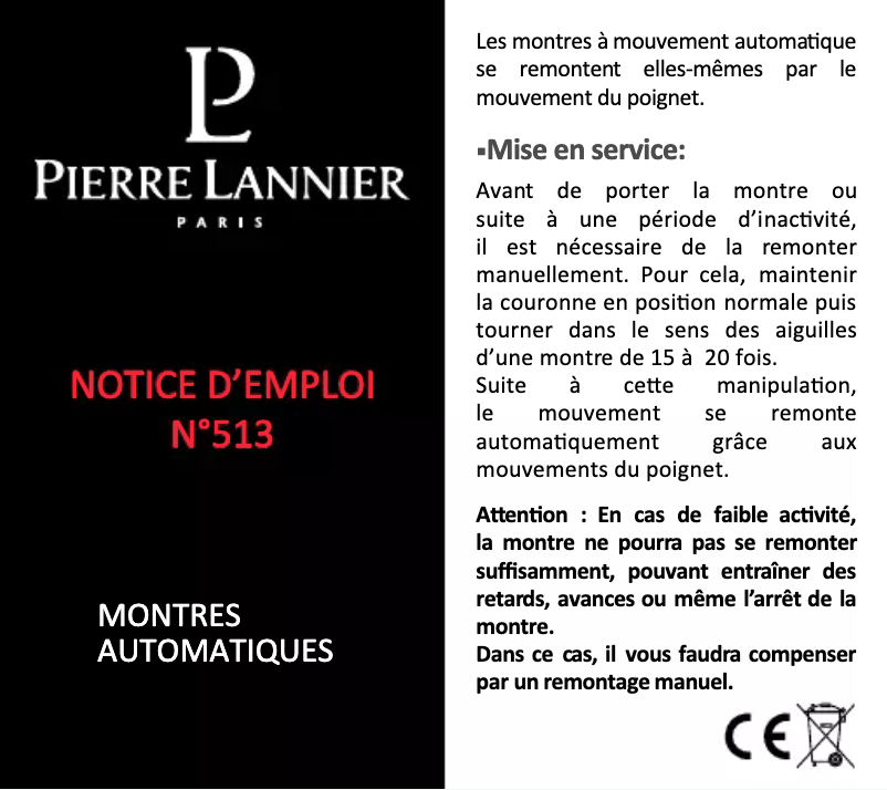 Page n°1 - Manuel utilisateur Pierre Lannier Automatic 307C066