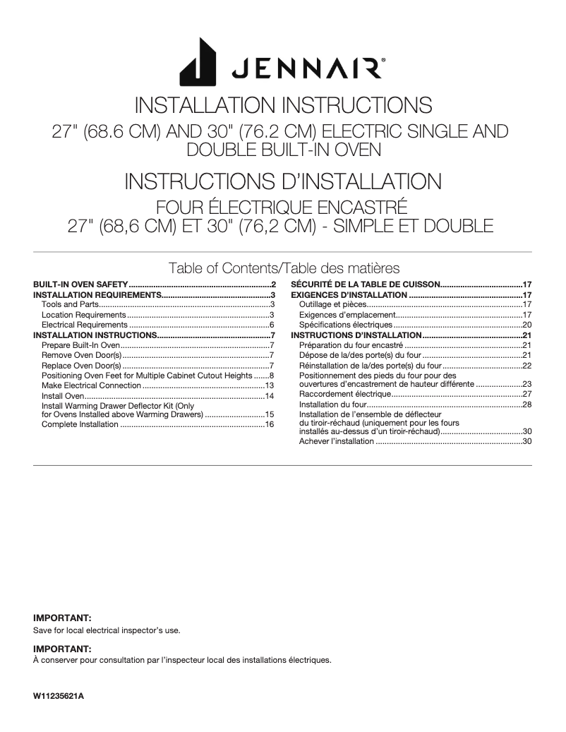 Page 1 of the manual Installation Guide JennAir JJW2827IM