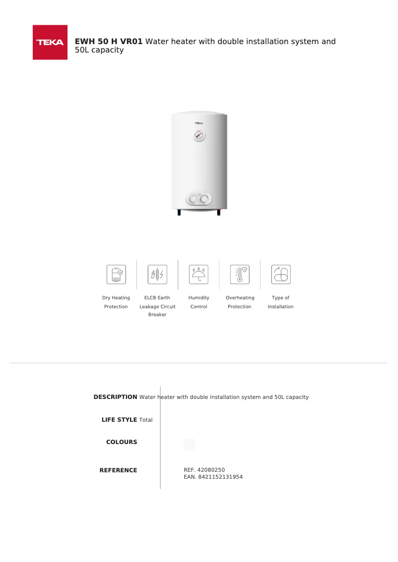 Page 1 de la notice Fiche technique Teka EWH 50 H