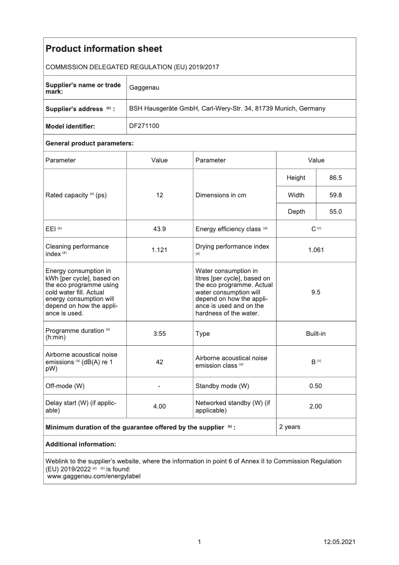 Page 1 de la notice Fiche technique Gaggenau DF271100
