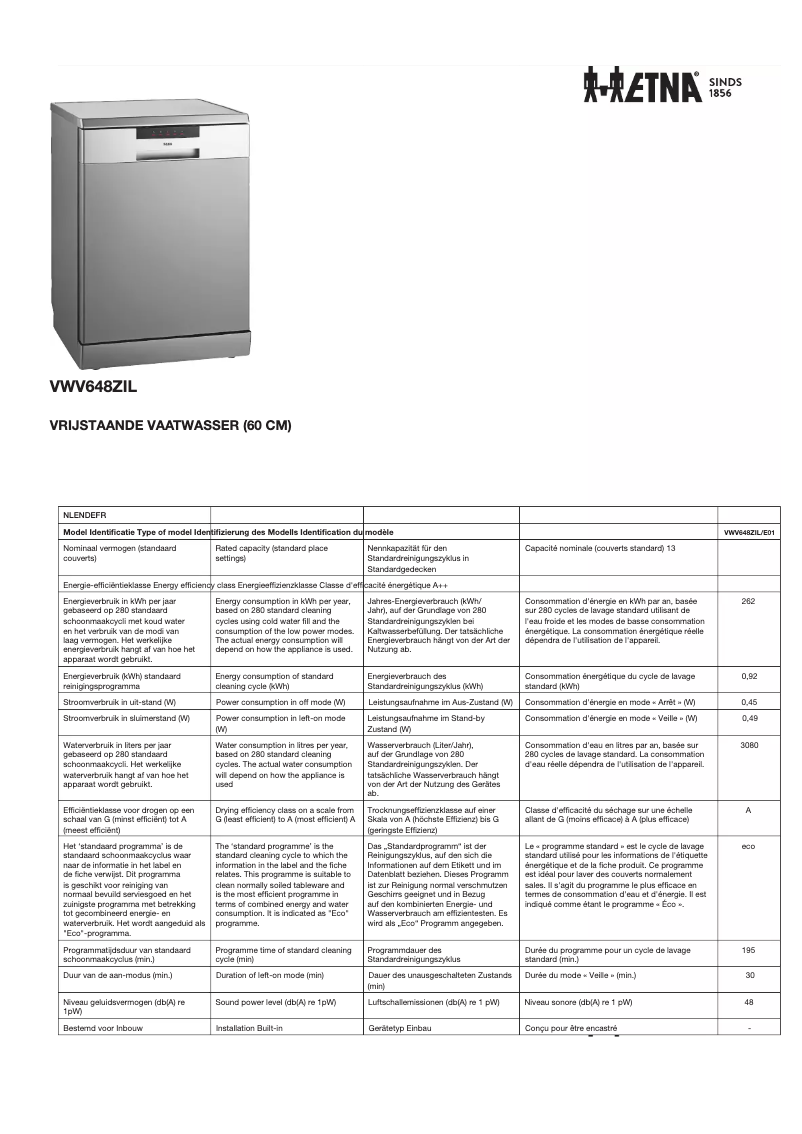 Page n°1 - Fiche technique Etna VWV648ZIL