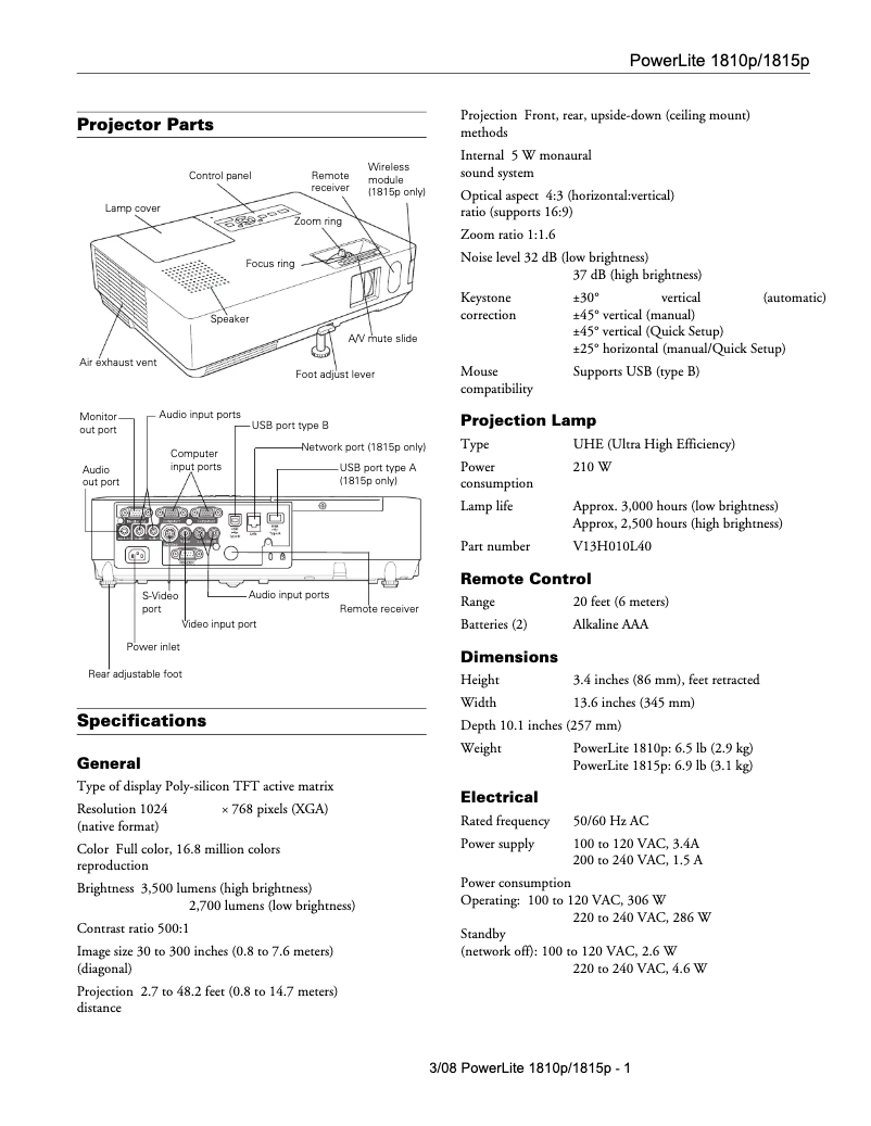 Page 1 de la notice Brochure Epson PowerLite 1810p