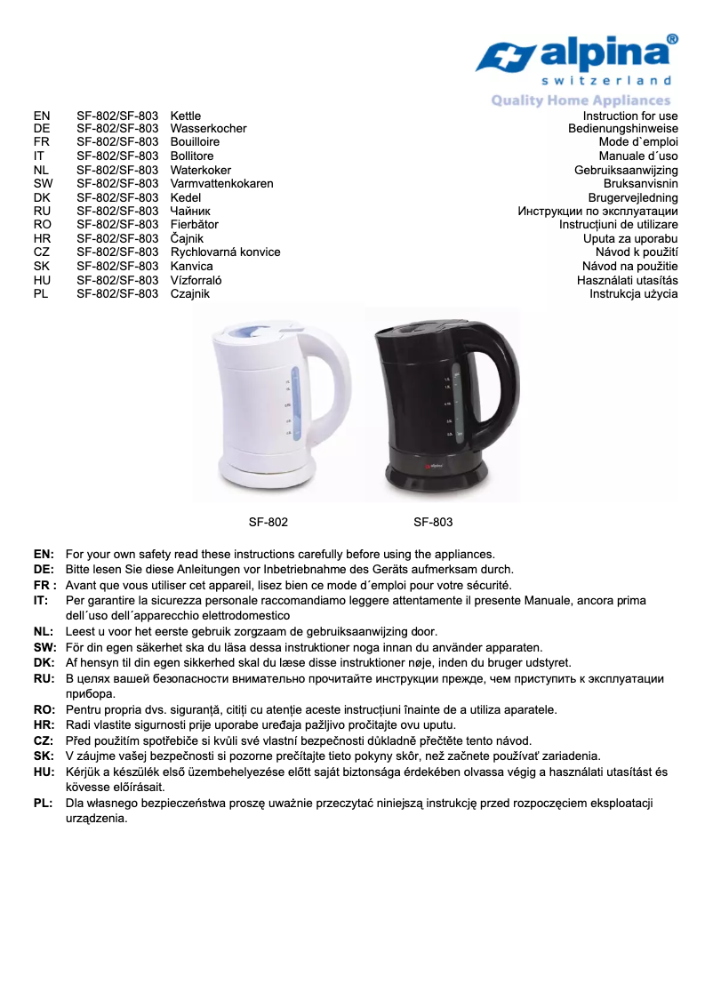 Page n°1 - Manuel utilisateur Alpina SF 803