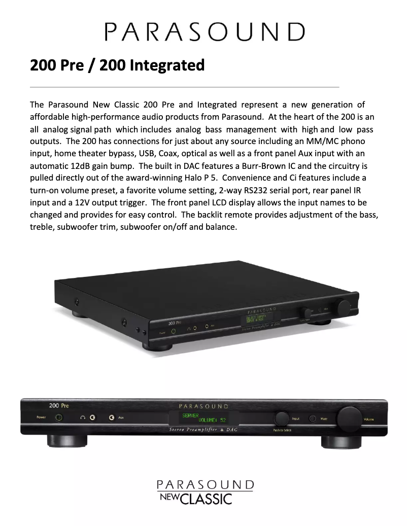 Page 1 de la notice Fiche technique Parasound NewClassic 200