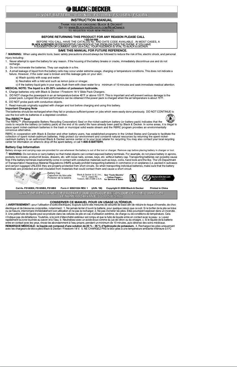 Page 1 de la notice Manuel utilisateur Black & Decker FS18SBX