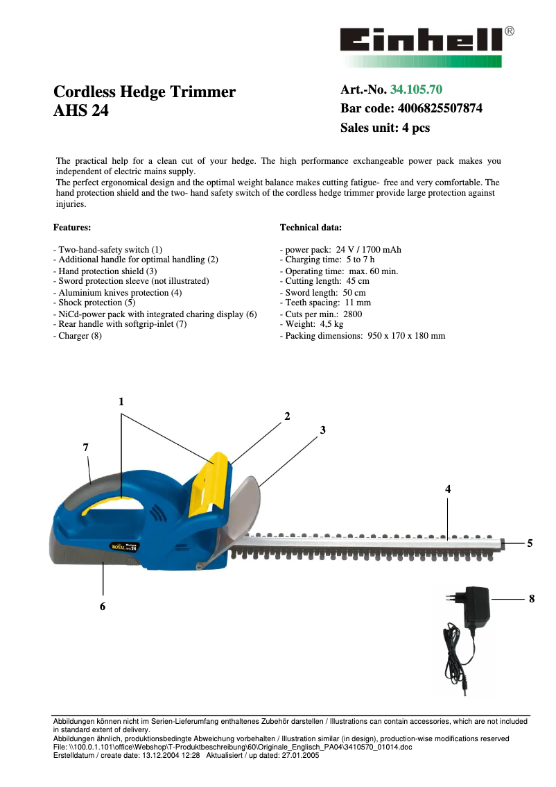 Page n°1 - Fiche technique Einhell AHS 24