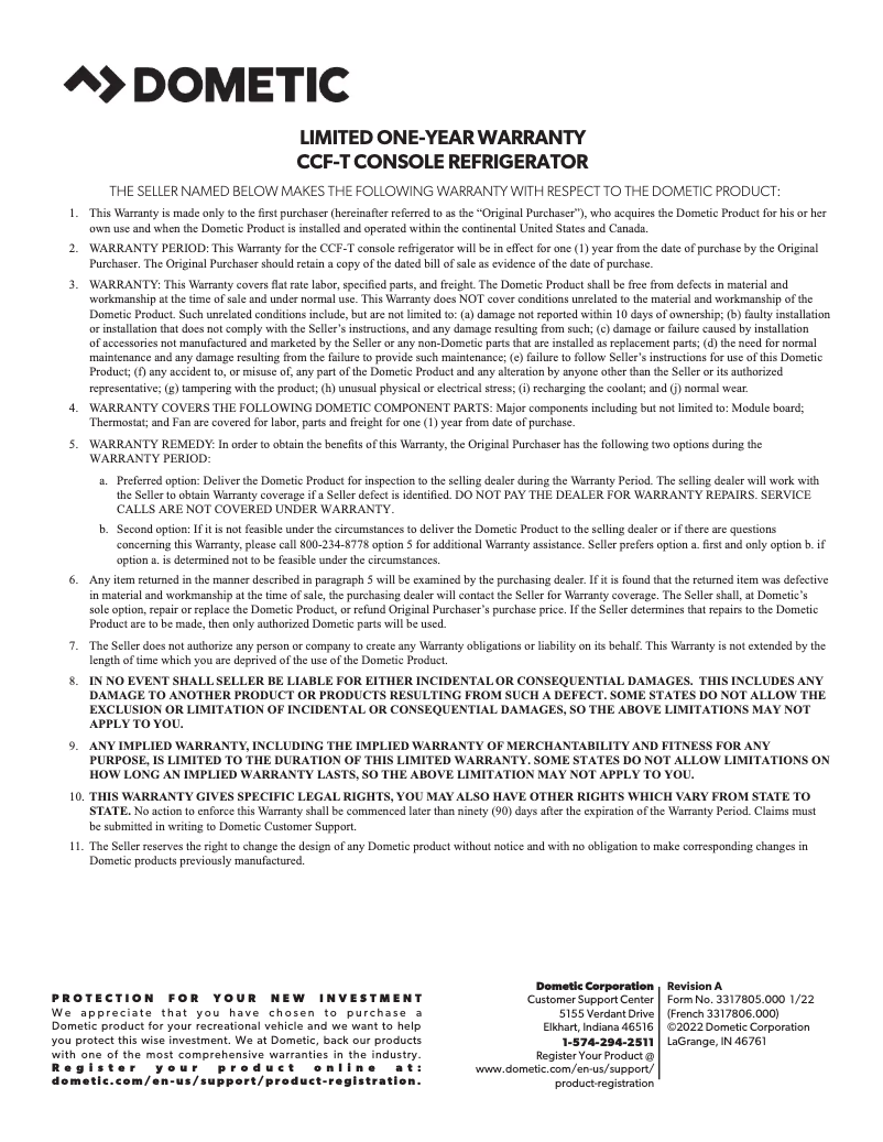 Page 1 de la notice Informations de garantie Dometic CCF-T