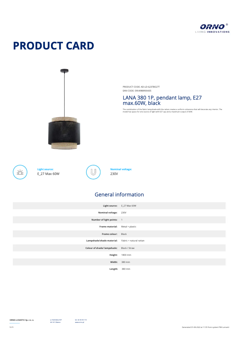 Page n°1 - Fiche technique Adviti AD-LD-6237BE27T