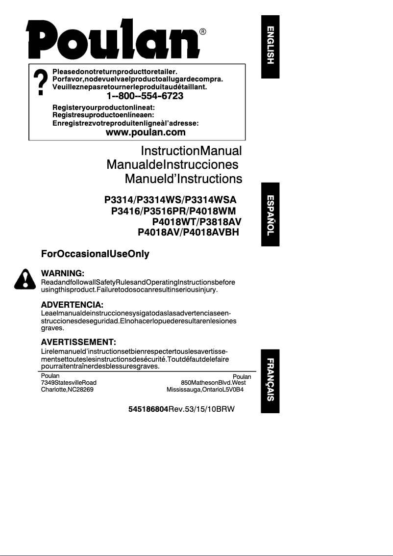 Page 1 de la notice Manuel utilisateur Poulan P3314