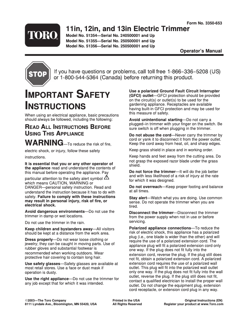 Page 1 de la notice Manuel utilisateur Toro 13in 51356