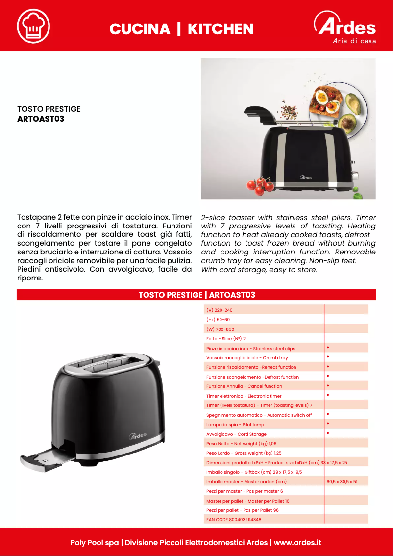 Página 1 del manual Ficha técnica Ardes Tosto Prestige ARTOAST03