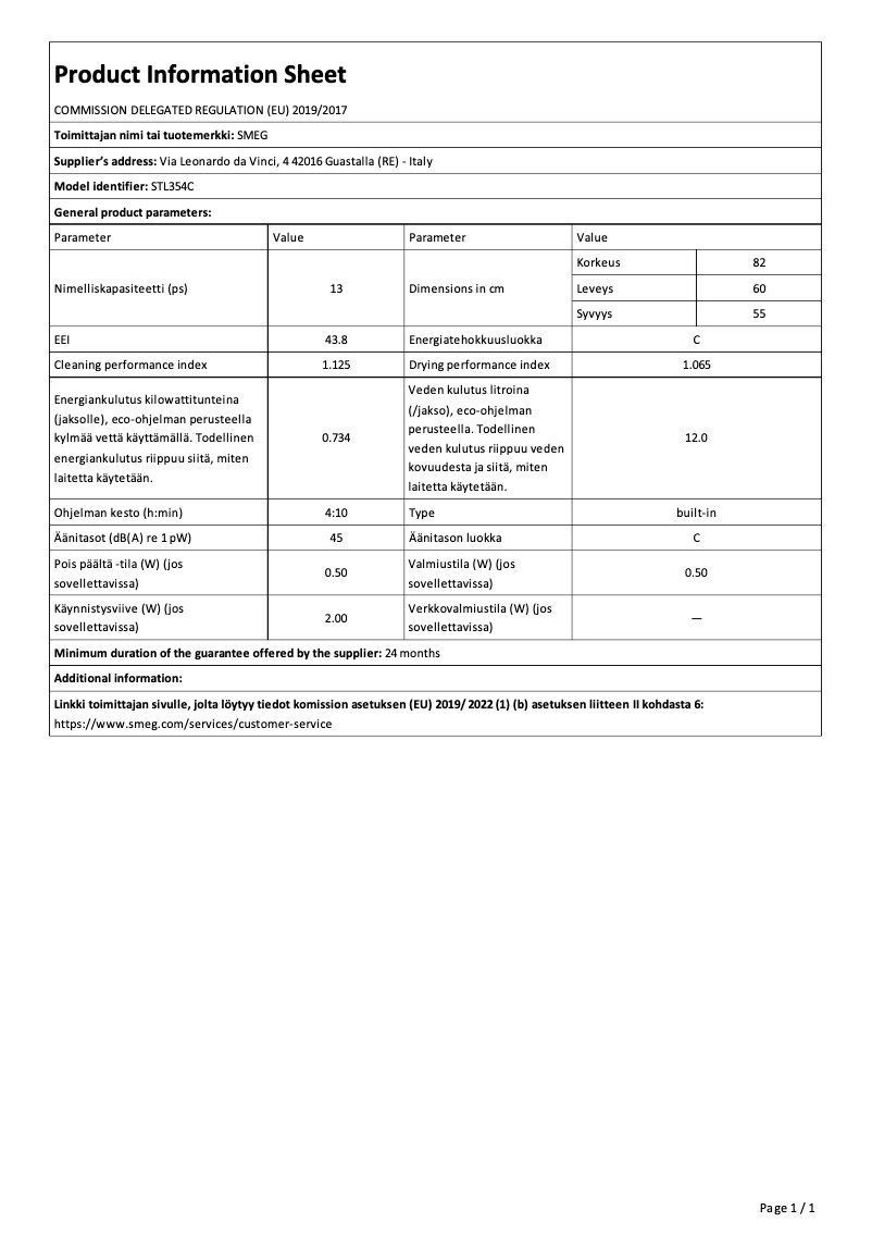 Page 1 de la notice Fiche technique Smeg STL354C