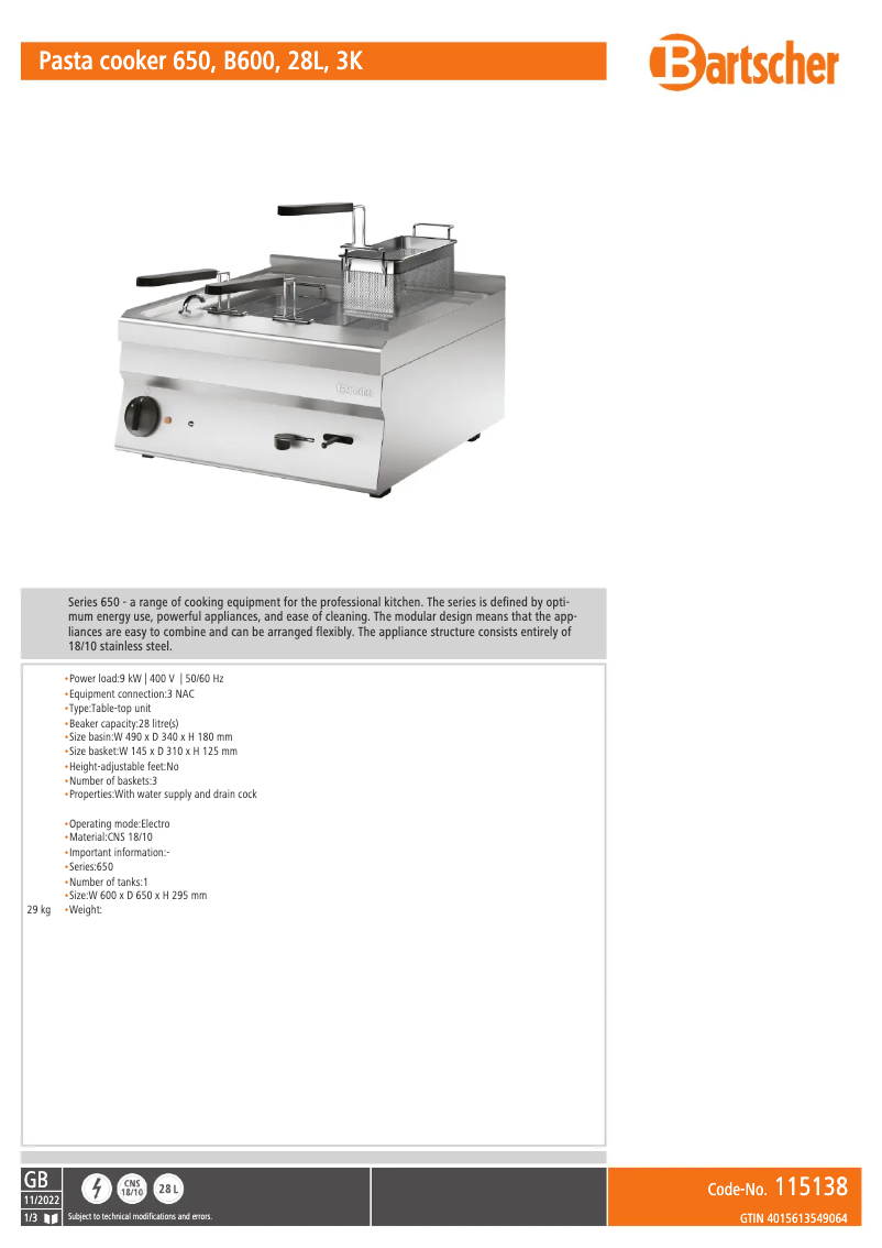 Page 1 de la notice Fiche technique Bartscher 115138