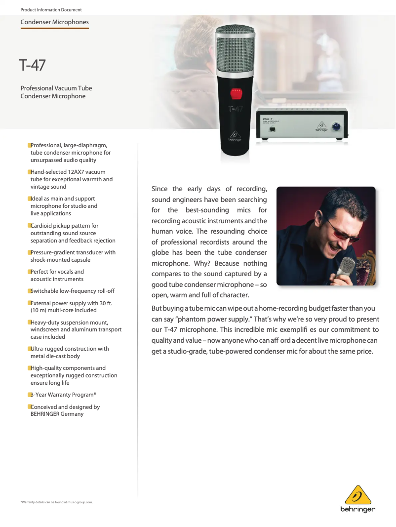 Página 1 del manual Ficha técnica Behringer T-47