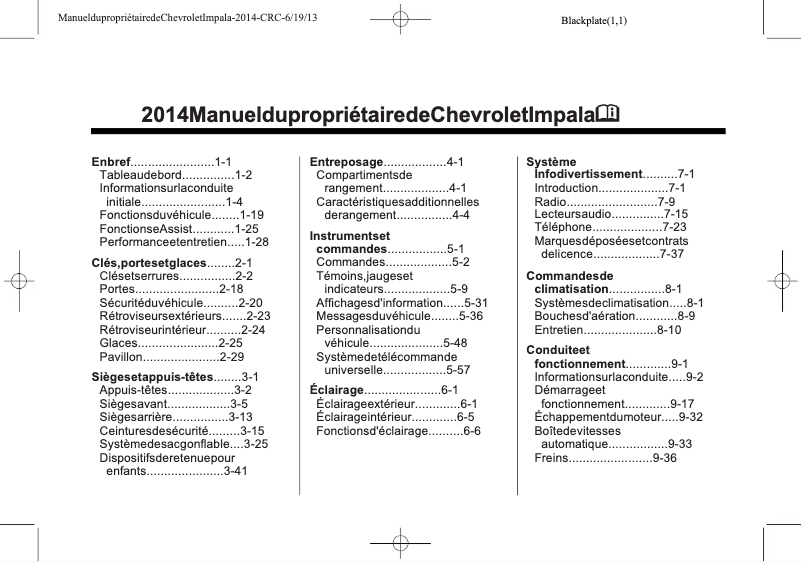 Page 1 de la notice Manuel utilisateur Chevrolet Impala (2014)