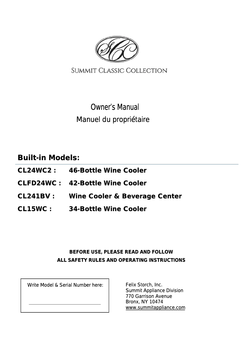 Page n°1 - Manuel utilisateur Summit CL24WC2CSS