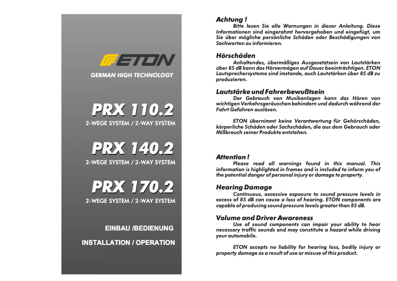 Page n°1 - Manuel utilisateur Eton PRX 170.2