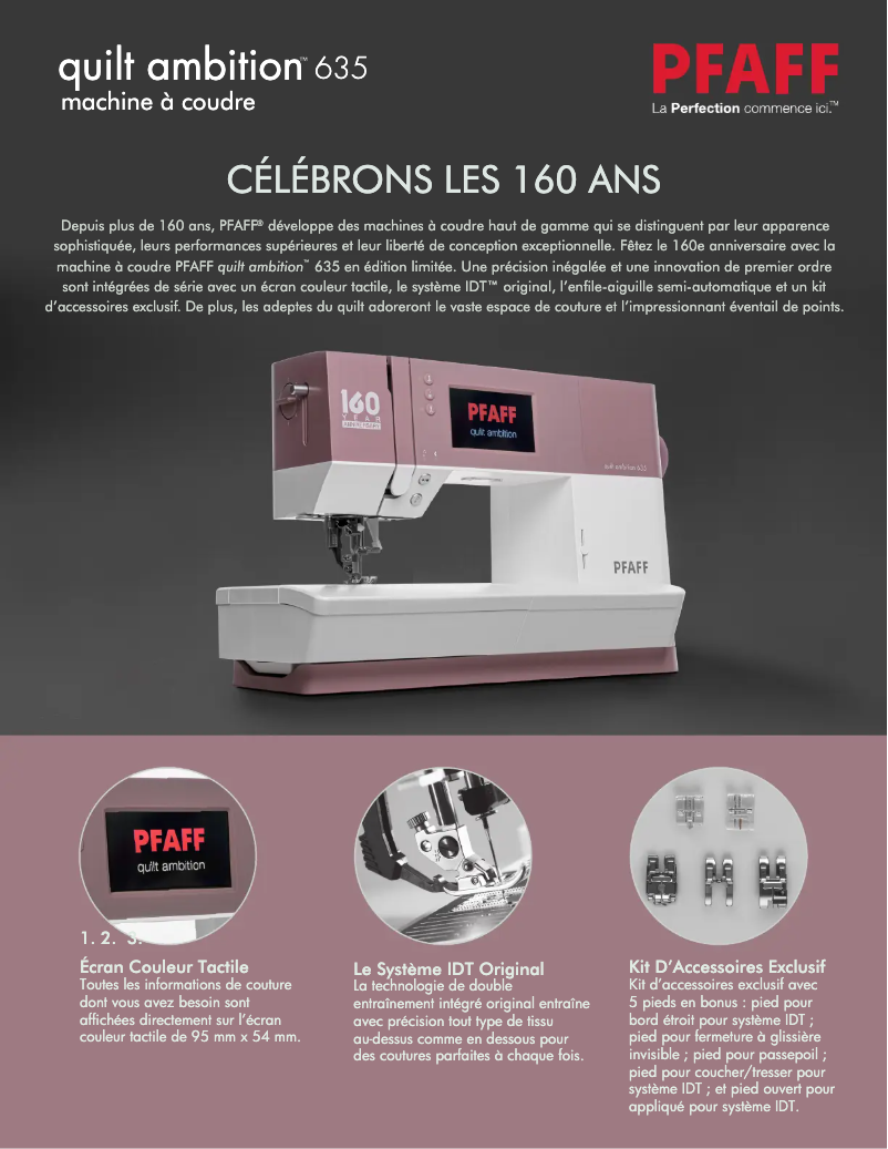 Page 1 de la notice Fiche technique Pfaff Quilt Ambition 635