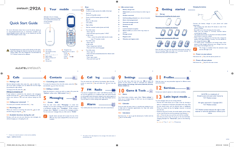Page n°1 - Guide de démarrage rapide Alcatel One Touch 292