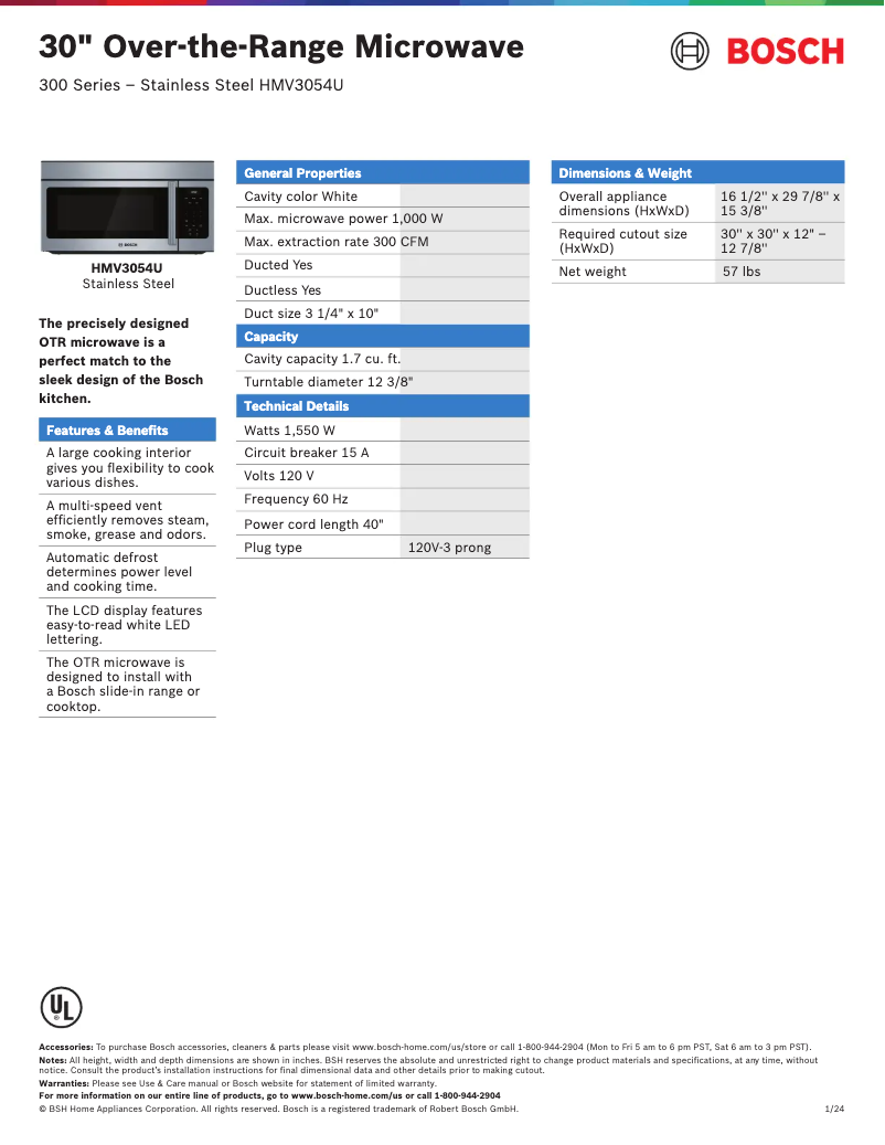 Page 1 de la notice Fiche technique Bosch HMV3054U