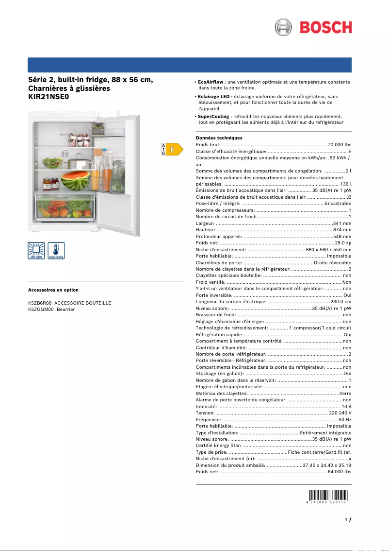 Página 1 del manual Ficha técnica Bosch KIR21NSE0