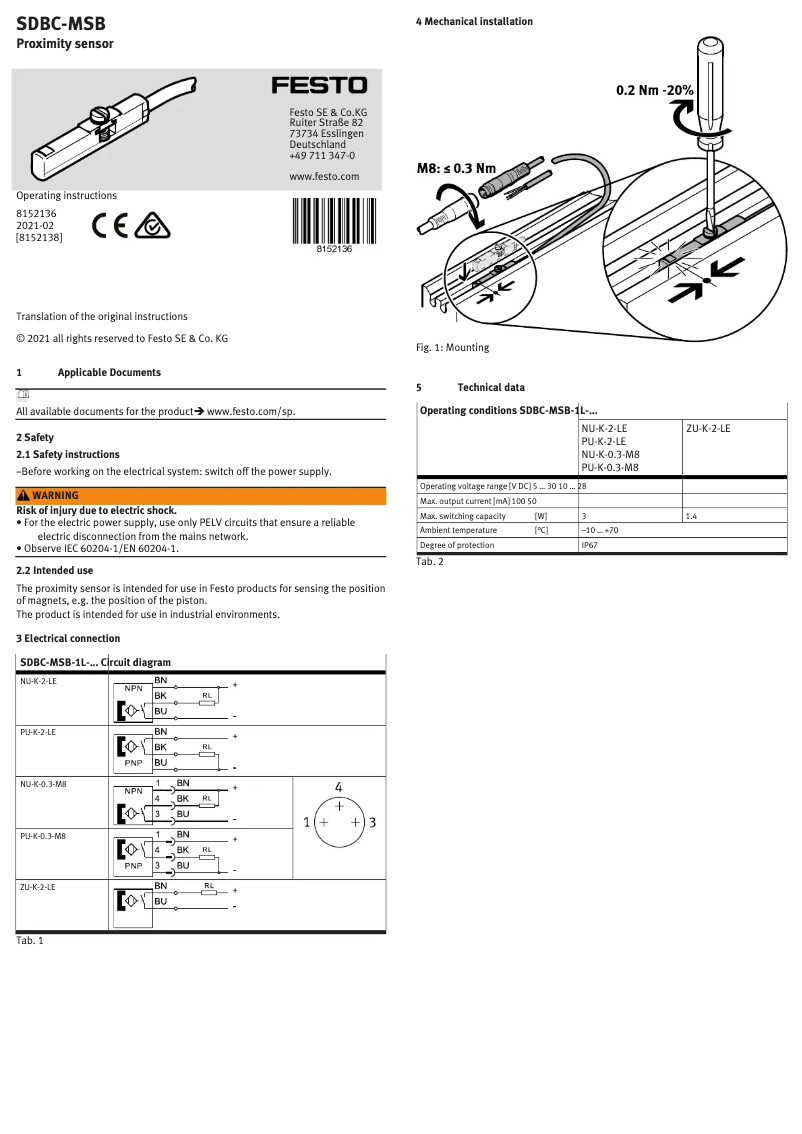 Page 1 de la notice Manuel utilisateur Festo SDBC-MSB-1L-PU-K-0.3-M8