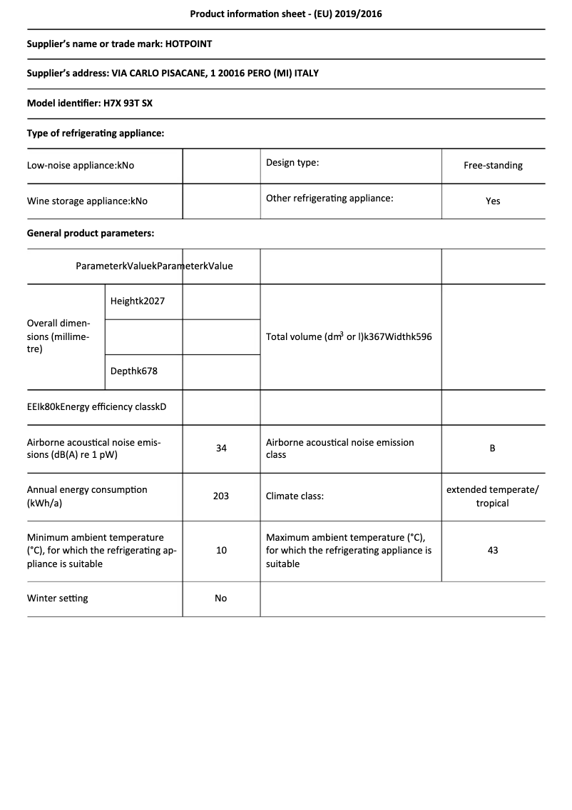 Page 1 de la notice Fiche technique Hotpoint H7X 93T SX
