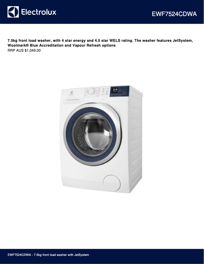 Page 1 de la notice Fiche technique Electrolux EWF7524CDWA