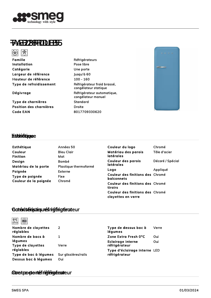 Page 1 de la notice Fiche technique Smeg FAB28RDLB5