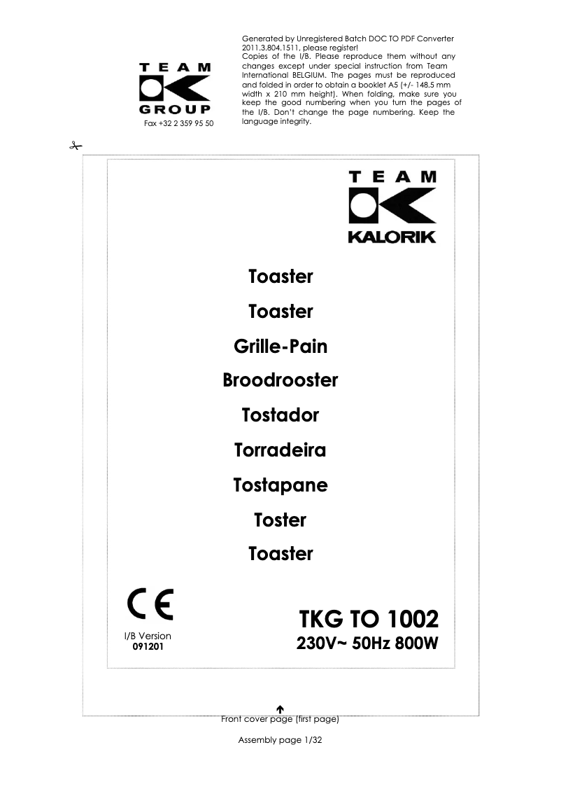 Page n°1 - Manuel utilisateur Kalorik TKG TO 1002