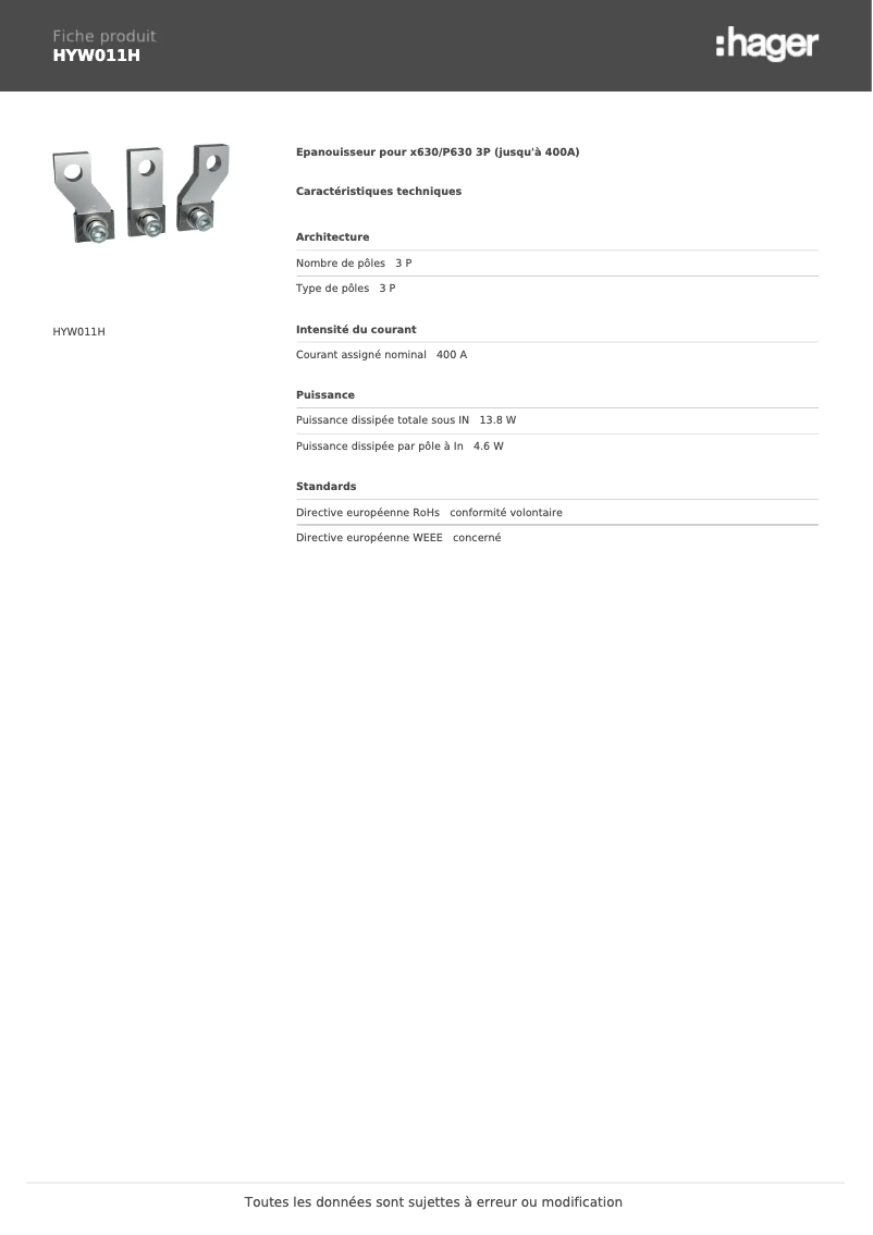 Page n°1 - Fiche technique Hager HYW011H