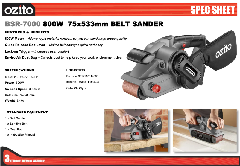 Page 1 de la notice Fiche technique Ozito BSR-7000