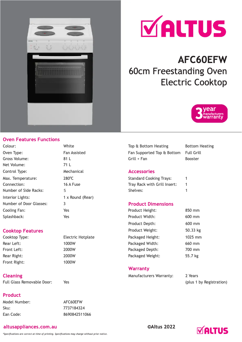 Página 1 del manual Ficha técnica Altus AFC60EFW