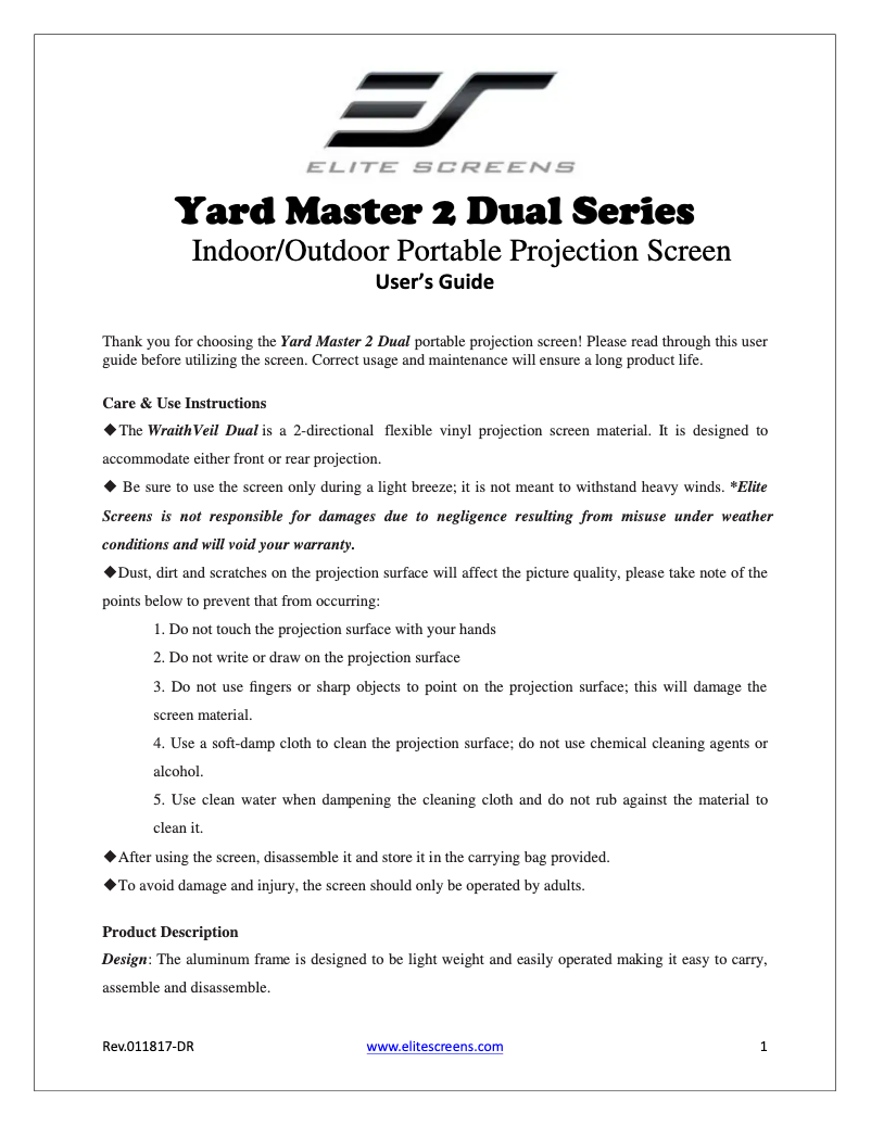 Page 1 de la notice Manuel utilisateur Elite Screens TX-PF50S20