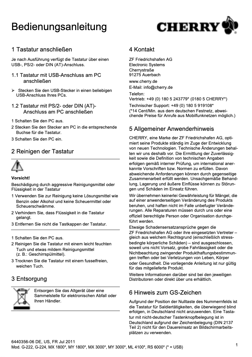 Page 1 de la notice Manuel utilisateur Cherry G80-1800