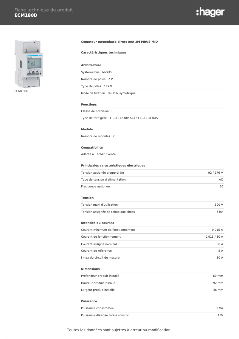 Page 1 de la notice Fiche technique Hager ECM180D