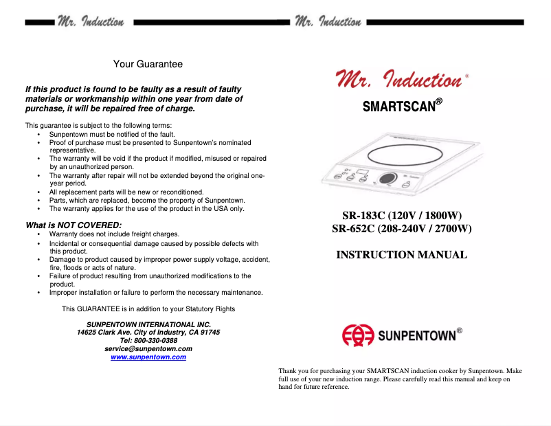 Page 1 de la notice Manuel utilisateur Mr. Induction Smartscan SR-183C