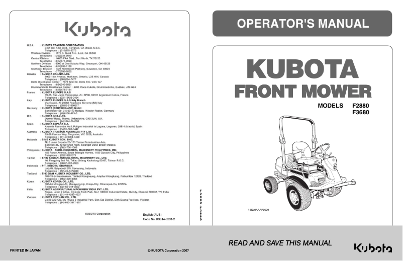 Page 1 de la notice Manuel utilisateur Kubota F2880
