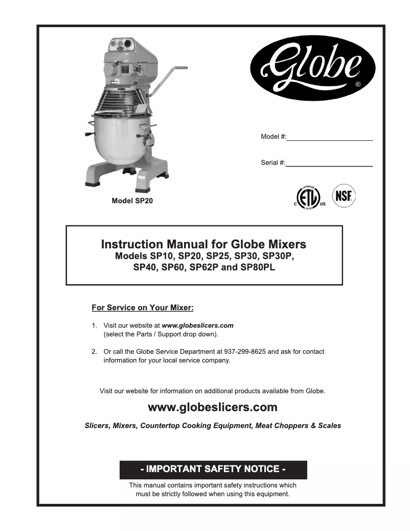 Page n°1 - Manuel d'utilisation et d'entretien Globe SP30P