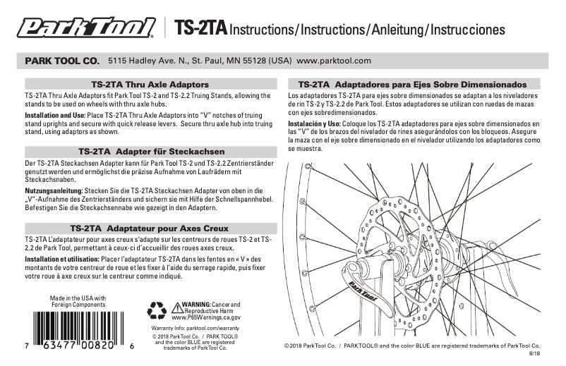Page 1 de la notice Manuel utilisateur Park Tool TS-2TA