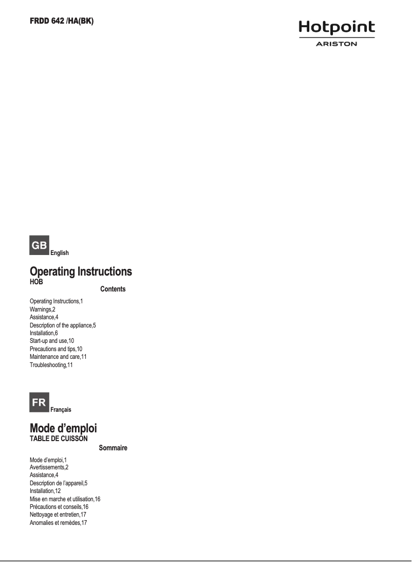 Page n°1 - Manuel utilisateur Hotpoint FRDD642/HA(BK)
