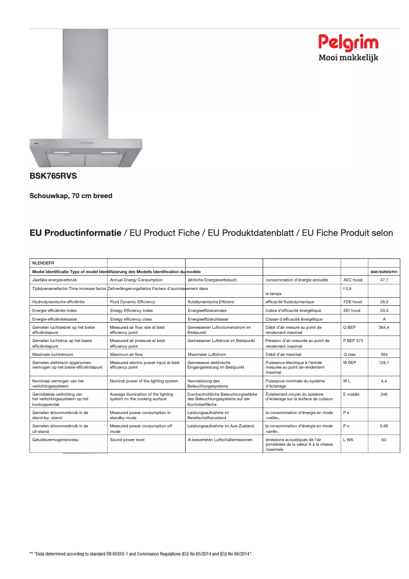 Page 1 de la notice Fiche technique Pelgrim BSK765RVS