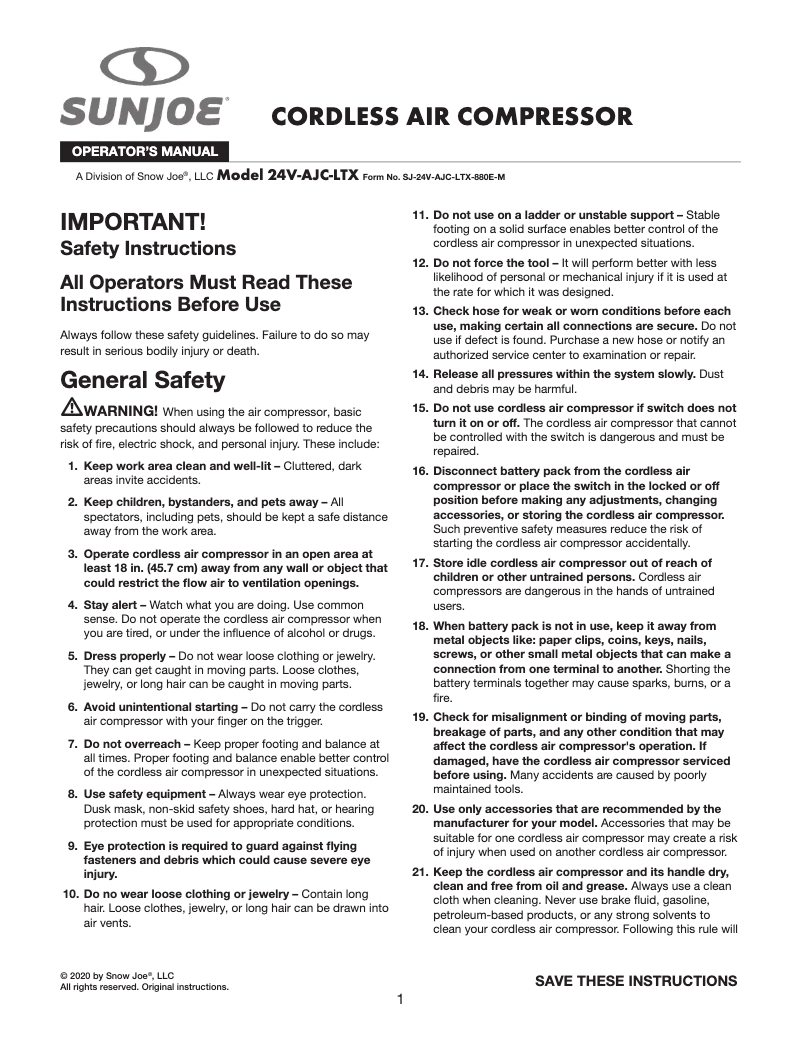 Page 1 de la notice Manuel utilisateur Sun Joe 24V-AJC-LTX