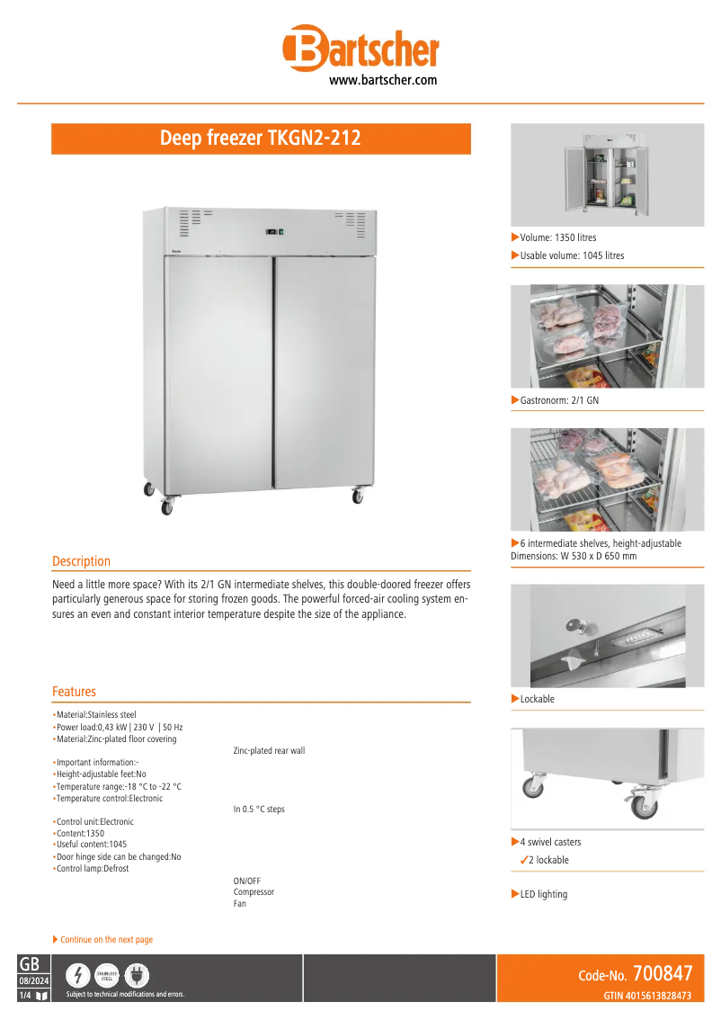 Page 1 de la notice Fiche technique Bartscher TKGN2-212