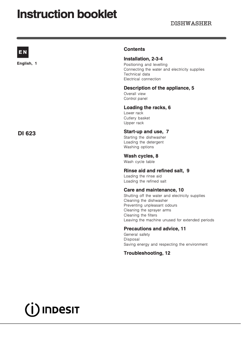 Page 1 de la notice Manuel utilisateur Indesit DI 623 UK