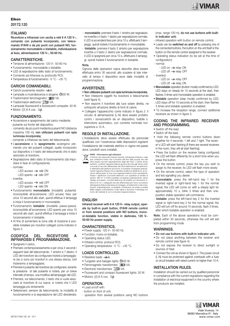 Page 1 de la notice Manuel utilisateur Vimar 20172.120.B