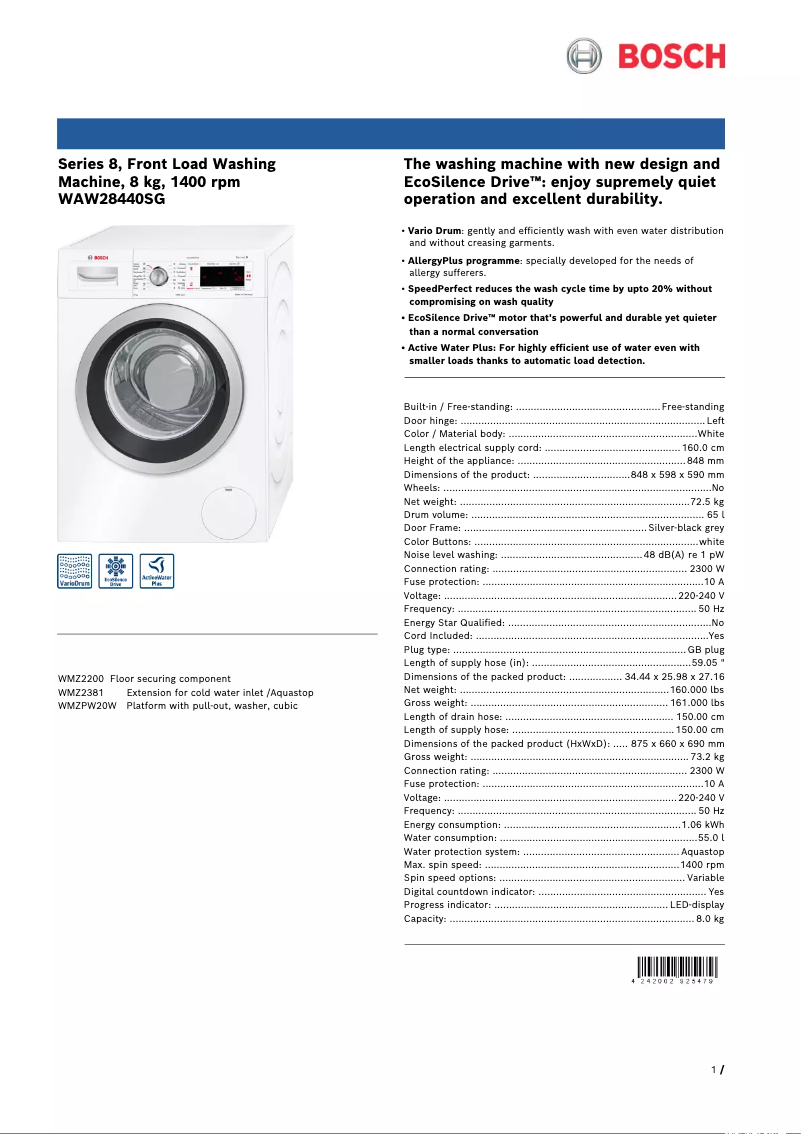 Page 1 de la notice Fiche technique Bosch WAW28440SG