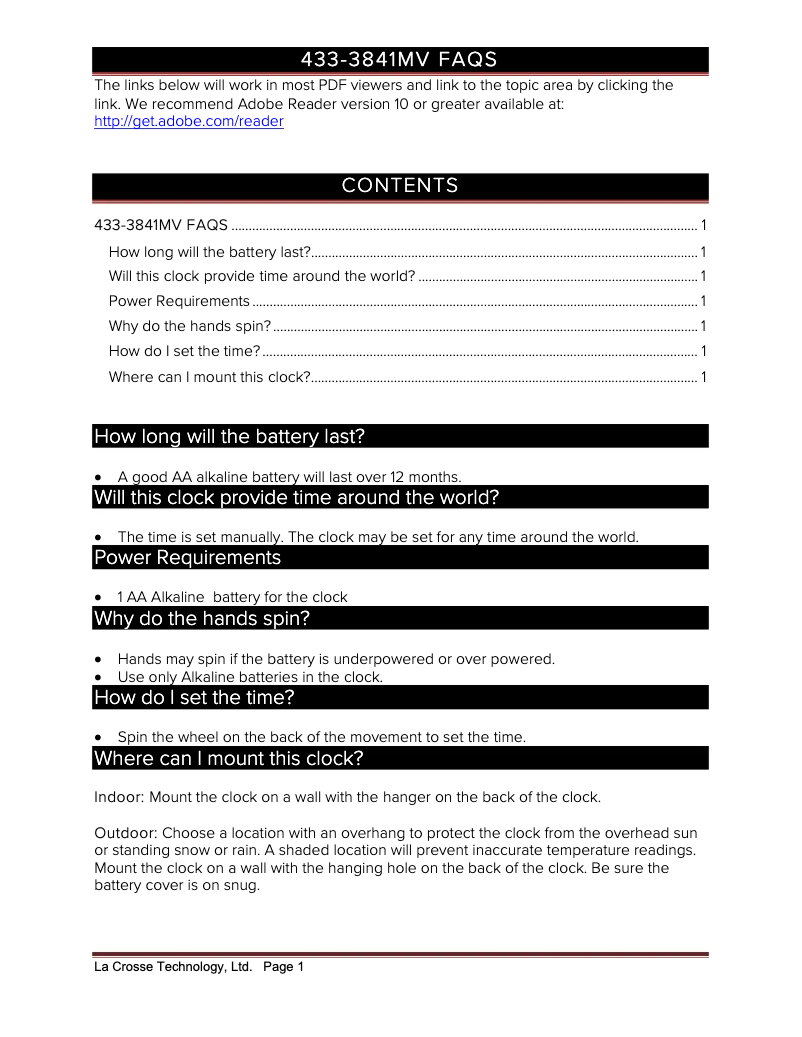 Page 1 de la notice FAQ La Crosse Technology 433-3841MV